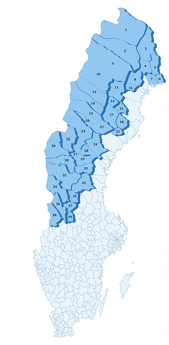 Karta över de 39 kommuner som får ta del av statsbidraget. Det är främst kommuner i Norrlands inland.