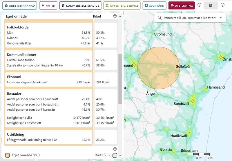 Ett skärmklipp från verktyget Regionalanalys visar en kartbild.