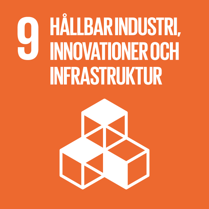 9. Hållbar industri, innovationer och infrastruktur. Orange kvadrat, text och symbol i vitt. Fyra kuber, tre är i botten och bildar ett hörn, den fjärde är staplad på hörnkuben.