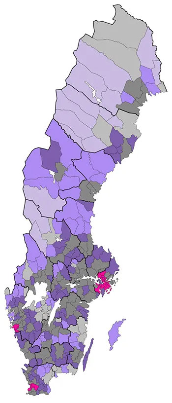 Karta som visar kommuntyper baserad på kommunens befolkningstäthet respektive avstånd till närmaste större befolkningscentra.